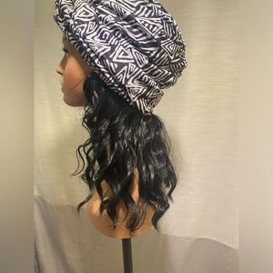 Black and white turban with black wig  sewed in